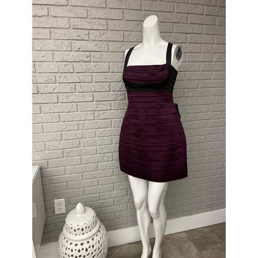 BCBG MaxAzria Women Black & Purple Pleated Bandage Dress Size 12P